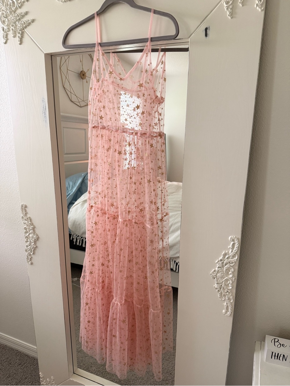 Pink Star-Embellished Mesh Maxi Dress